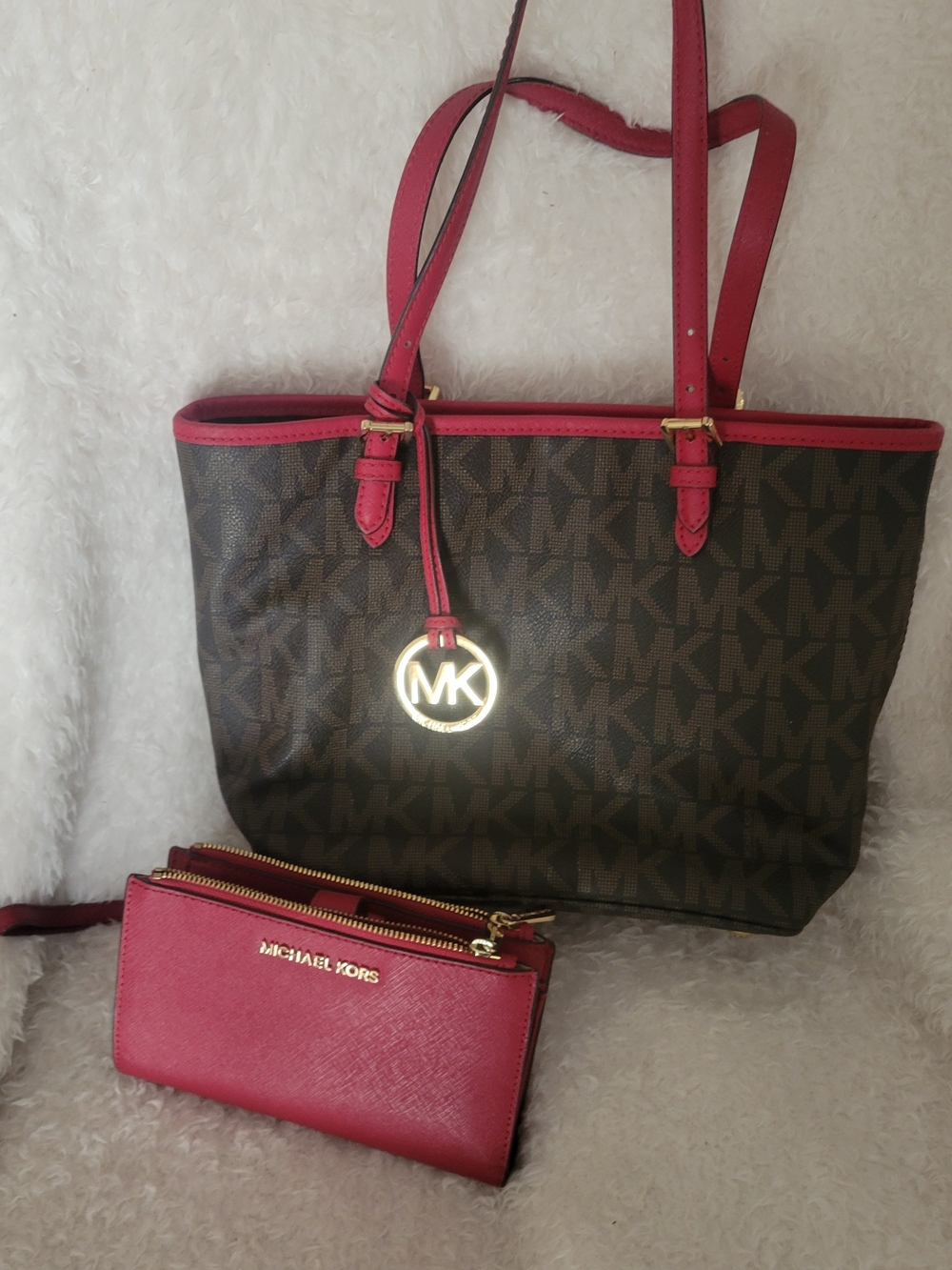 Michael Kors Brown MK Signature Tote with Red Trim and Matching Red Wallet